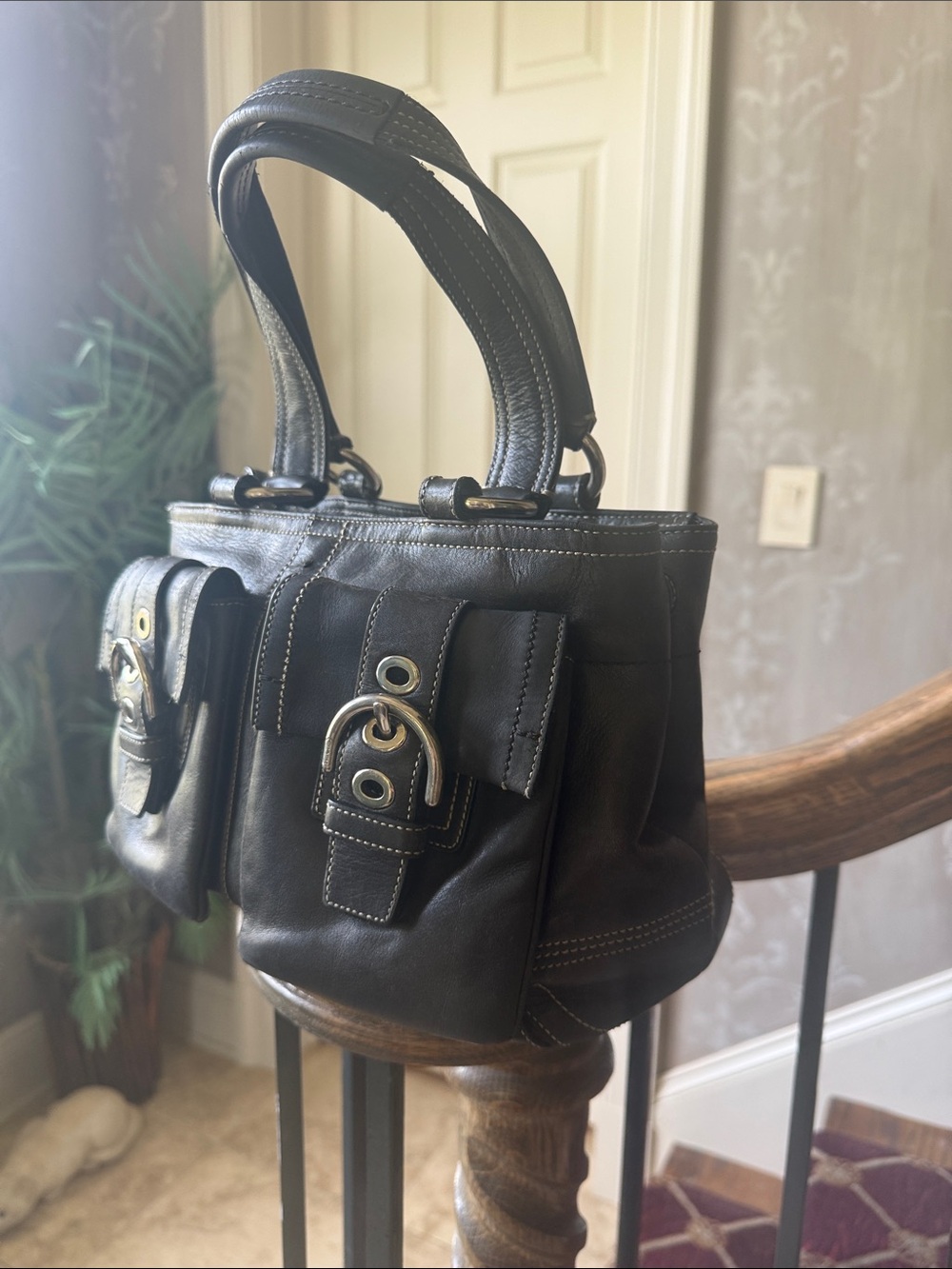 COACH Soho, leather double pocket satchel/tote, preowned black, and silver - Picture 8 of 11